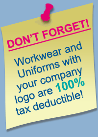 iamges of a post-it not stating: Workwear and unfiroms with your company logo are 100% tax deductible